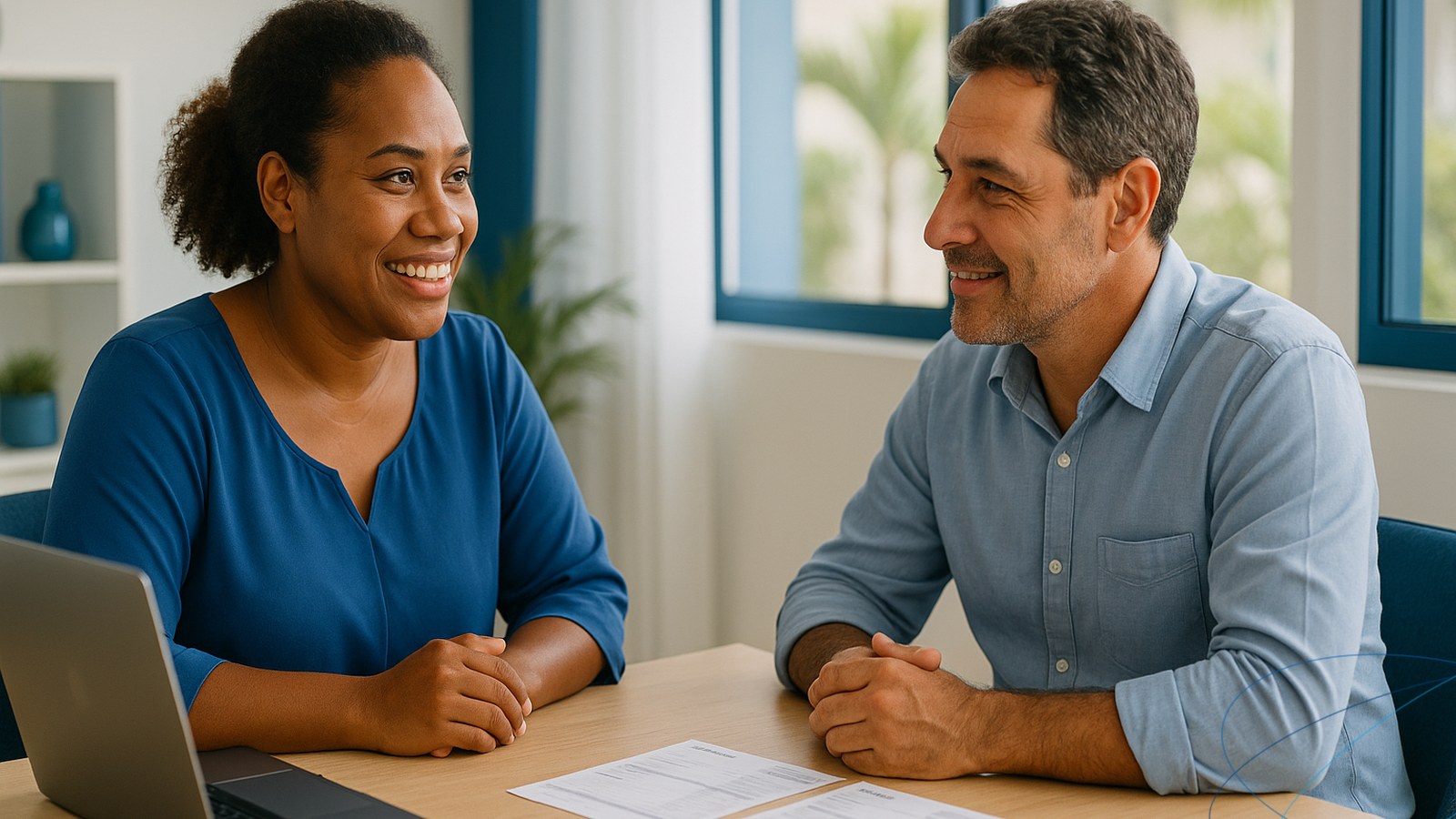 Une gestionnaire de paie calédonienne échange avec un dirigeant d’entreprise dans un bureau lumineux à Nouméa, ambiance de conseil rassurant.