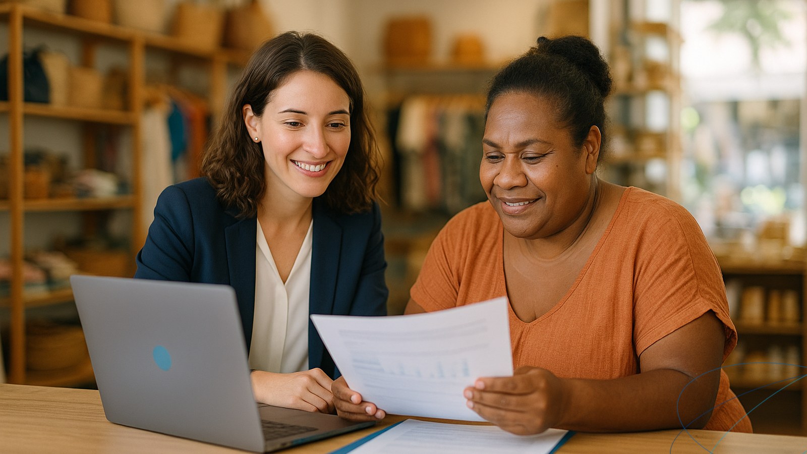 Une conseillère en gestion de paie échange avec une commerçante calédonienne dans sa boutique à Nouméa, dossiers et ordinateur portable sur le comptoir.
