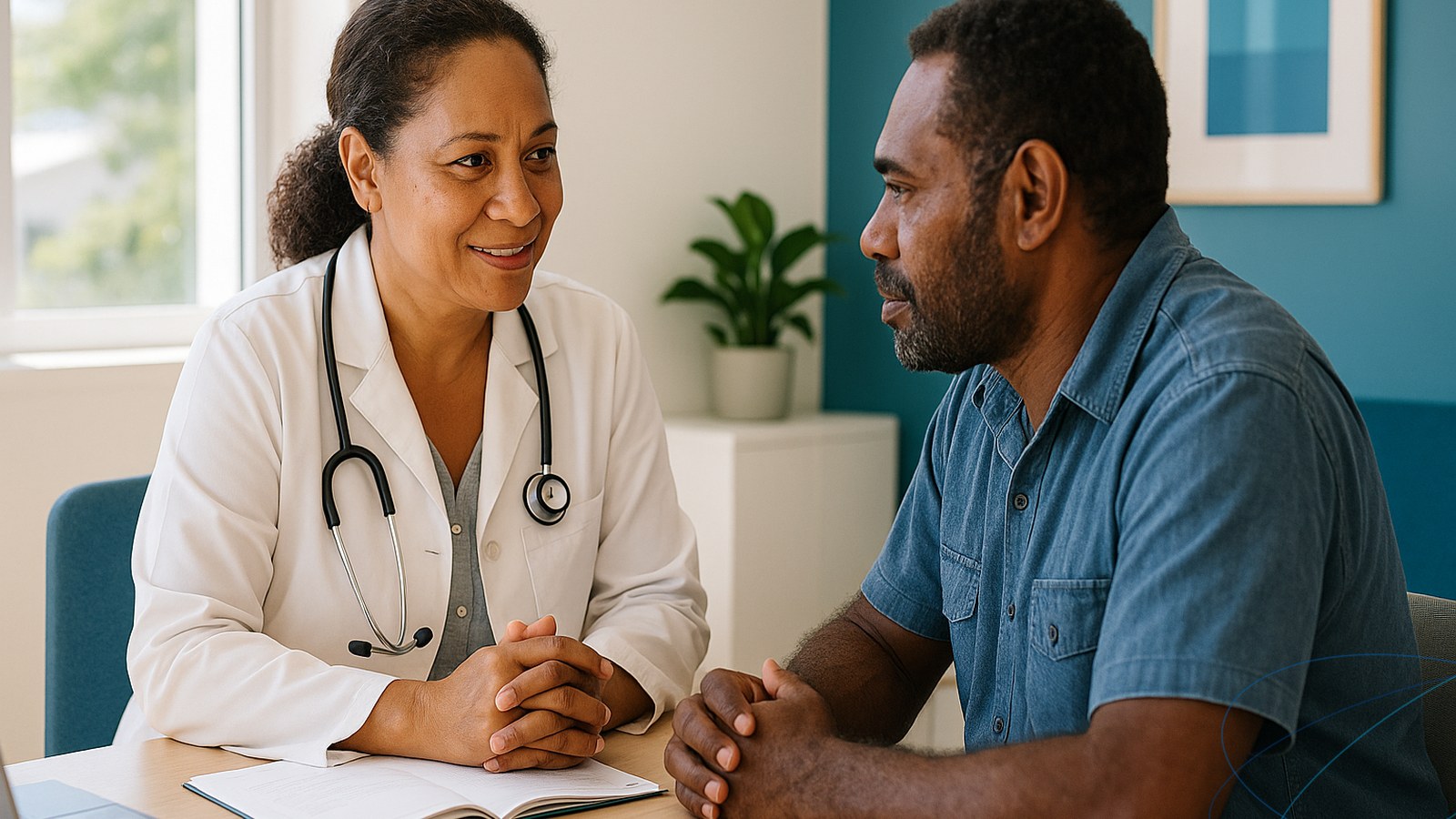Un médecin du travail échange avec un salarié lors d’une visite médicale dans un cabinet de santé au travail calédonien lumineux et rassurant.