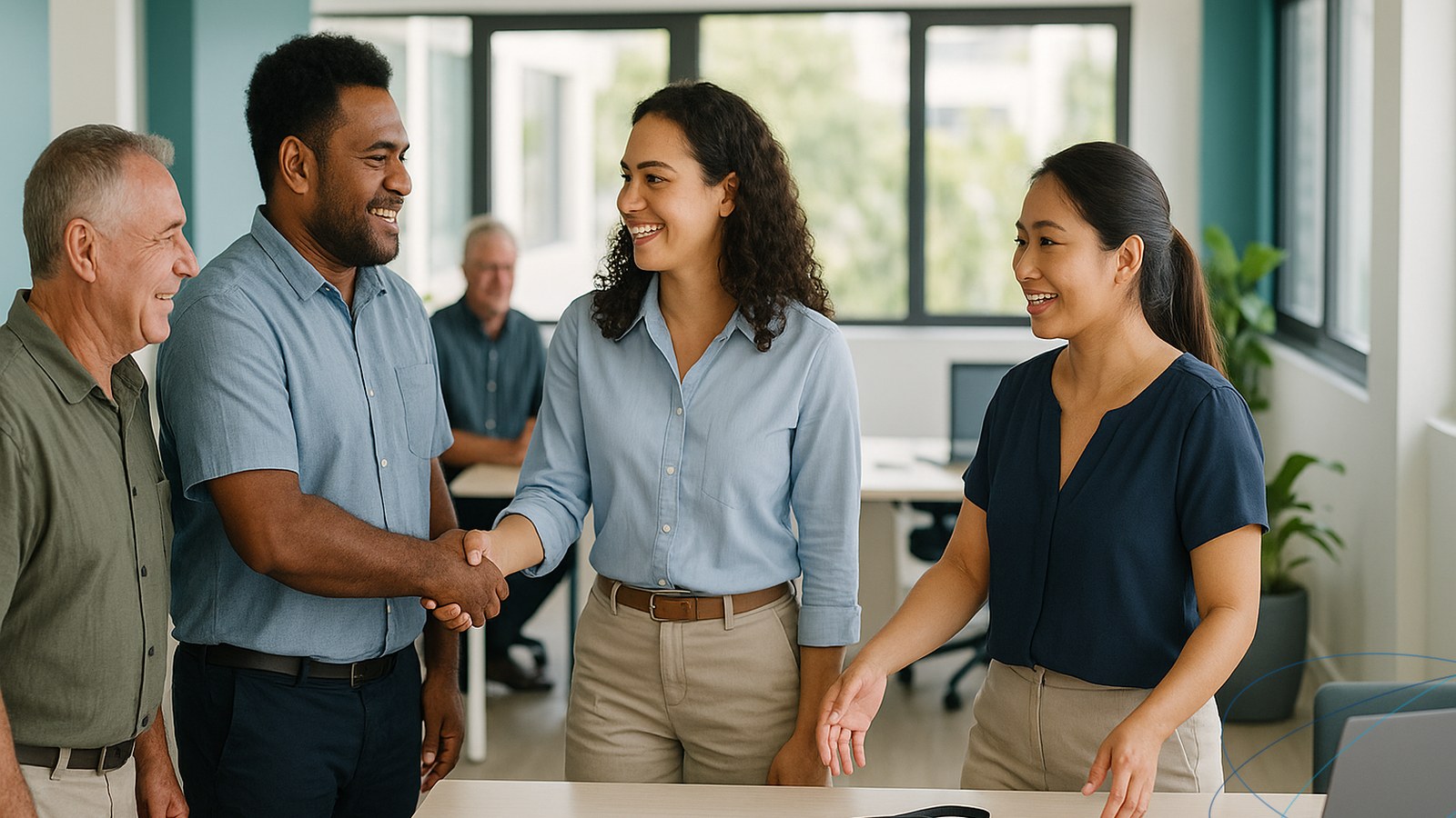 Une nouvelle salariée accueillie et présentée à son équipe lors de son premier jour dans une entreprise calédonienne, sourires et poignée de main