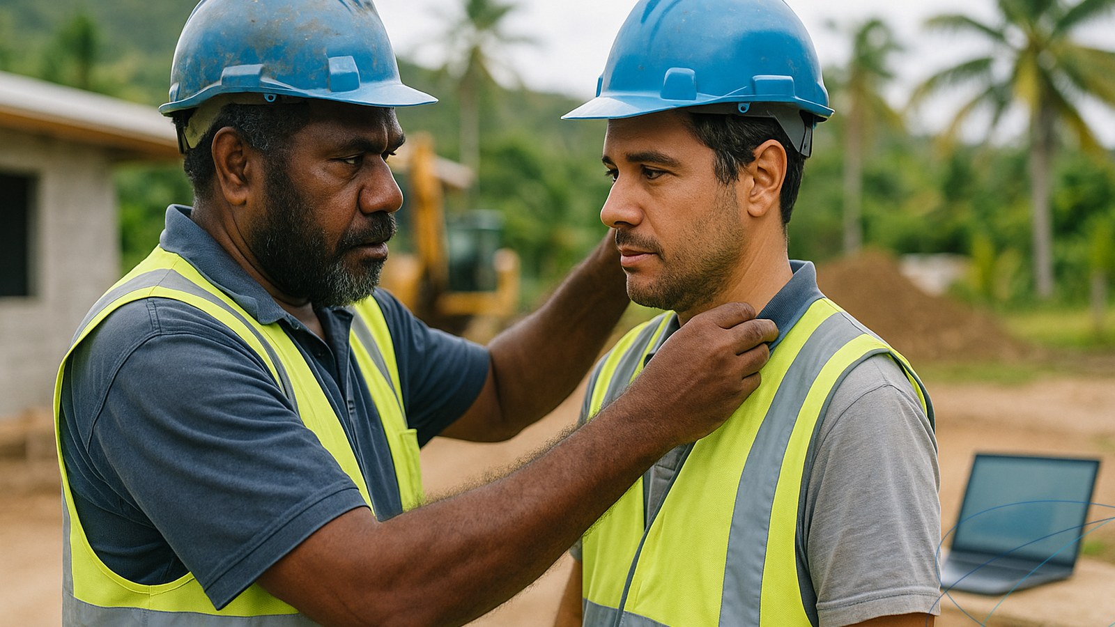 Un chef d’équipe calédonien vérifie l’équipement de sécurité d’un ouvrier sur un chantier près de Nouméa, illustrant la prévention des accidents du travail.