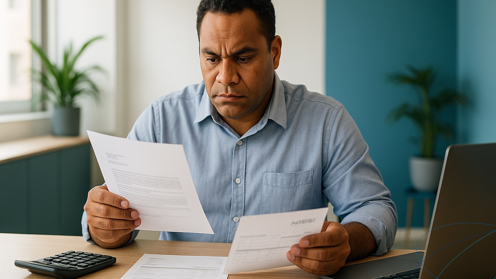 Gestionnaire de paie calédonien concentré à son bureau, comparant un acte de saisie officiel et un bulletin de salaire, dans les locaux d’une entreprise en Nouvelle-Calédonie.