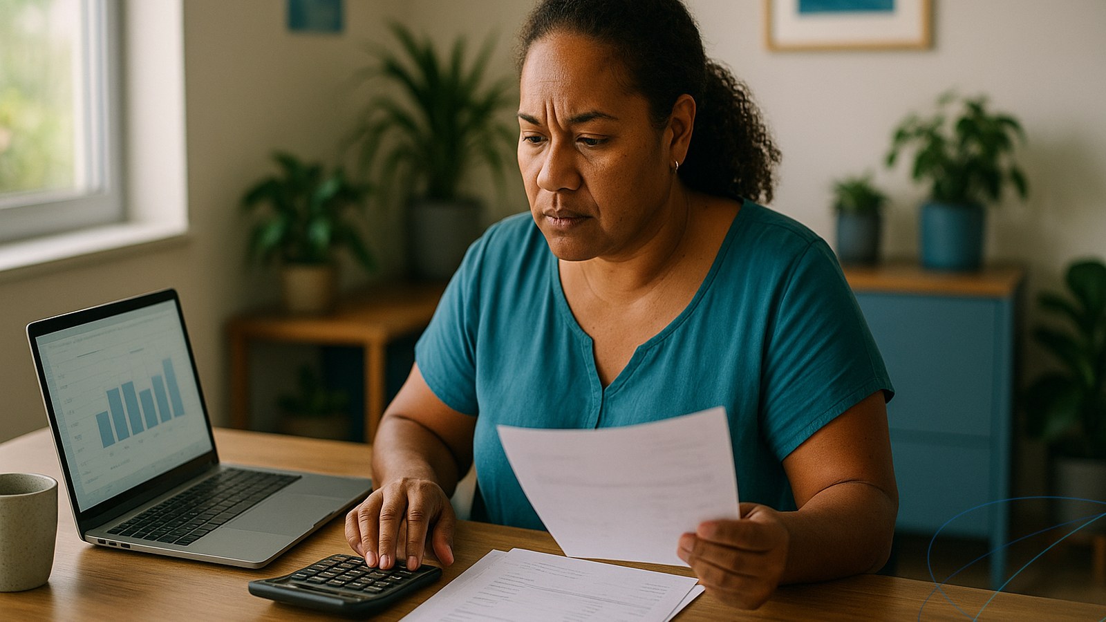 Dirigeante d’une petite entreprise calédonienne examinant son chiffre d’affaires et ses factures à son bureau, à Nouméa, pour situer son activité par rapport aux seuils d’assujettissement à la TGC.