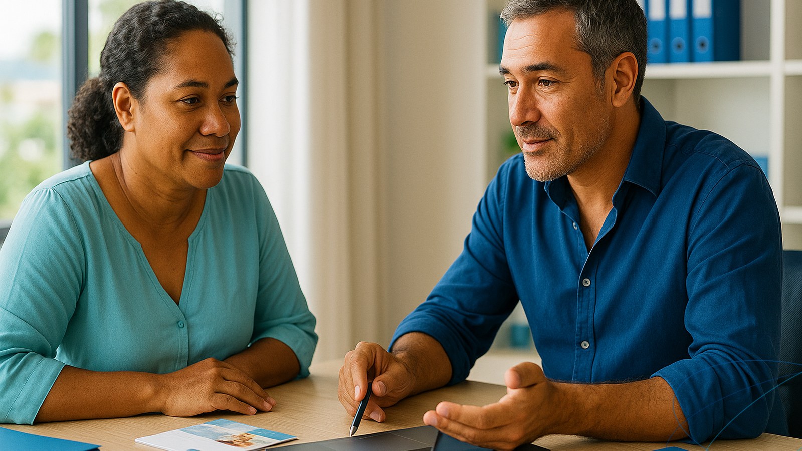 Un couple de seniors calédoniens examine ses documents de préparation à la retraite à domicile