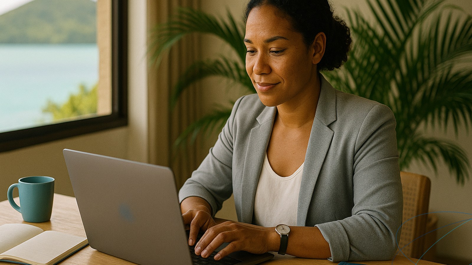 Salariée calédonienne en télétravail à domicile devant son ordinateur portable, lumière naturelle